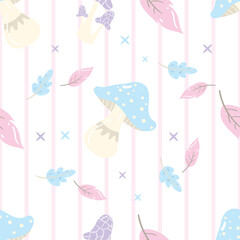 Mushrooms and leaves pastel tone on a pink and white stripe background. Autumn seamless pattern for clothing, fabric, wallpaper, backdrop, home decoration, cover book, and wall art.