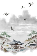 한국의 전통 가옥인 한옥을 주제로 한 다양환 풍경을 수묵화 기법으로 그린 손그림 일러스트.