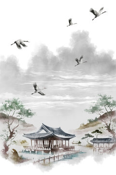 한국의 전통 가옥인 한옥을 주제로 한 다양환 풍경을 수묵화 기법으로 그린 손그림 일러스트.