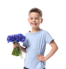 Smiling little boy with bouquet of beautiful cornflowers on white background