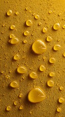 Macro water droplets on yellow background texture minimal design wet surface fresh moisture backdrop