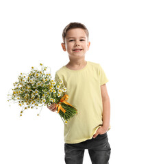 Smiling little boy with bouquet of beautiful chamomile flowers on white background