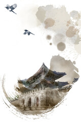 한국의 전통 가옥인 한옥을 주제로 한 다양환 풍경을 수묵화 기법으로 그린 손그림 일러스트.