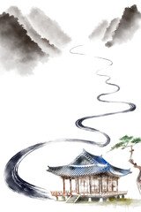 한국의 전통 가옥인 한옥을 주제로 한 다양환 풍경을 수묵화 기법으로 그린 손그림 일러스트.