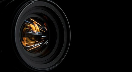 A camera lens flares with intense, swirling light, creating an abstract fiery effect against a dark background.