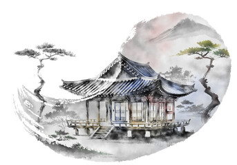 한국의 전통 가옥인 한옥을 주제로 한 다양환 풍경을 수묵화 기법으로 그린 손그림 일러스트.