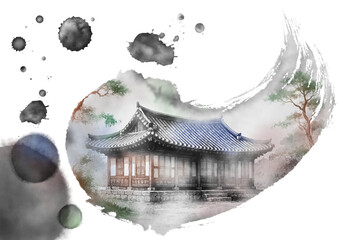 한국의 전통 가옥인 한옥을 주제로 한 다양환 풍경을 수묵화 기법으로 그린 손그림 일러스트.