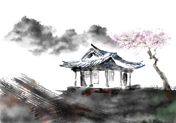 한국의 전통 가옥인 한옥을 주제로 한 다양환 풍경을 수묵화 기법으로 그린 손그림 일러스트.