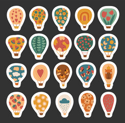 Hot air balloon travel cartoon set in scandinavian style with different patterns for illustration and decoration of adventure themed and journey creative design projects