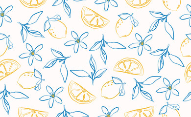 Hand drawn italian lemon seamless pattern. Whimsical blue, yellow summer print. Italy citrus floral sketch. Fruit background for wedding, packaging, fabric, wrapping paper. Trendy vector illustration.