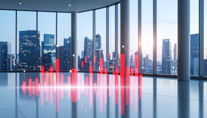 Rising red bar chart overlaid on global financial data and candlestick trends