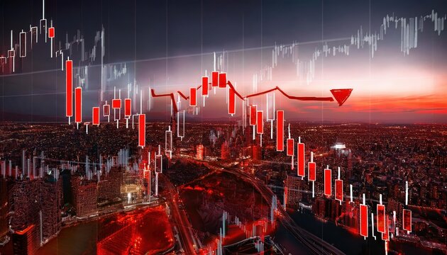 Large bitcoin trading chart shows significant downturn with red indicators and downward arrow in a market analysis setting