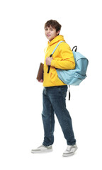 Fototapeta premium Teenage boy with laptop and backpack on white background