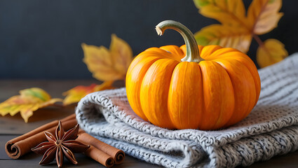 Autumn Still Life: Cozy Knit Blanket, Small Pumpkin, Cinnamon Sticks, and Star Anise