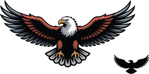 Obraz premium Eagle with wings spread wide, featuring black, white, and red feathers, and a smaller eagle silhouette