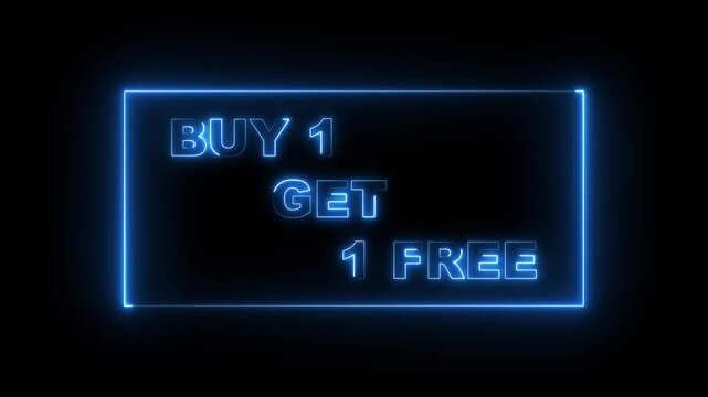 glowing buy 1 get 1 free  icon online and outlet text animation on black background .super sale editable text style effect illustrator. The best stock neon flickering, flash black background.