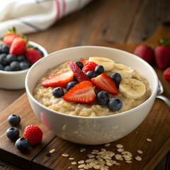 prepared oatmeal with fruits and berries