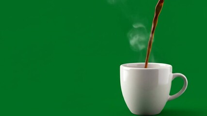 Pouring Hot Coffee Into White Mug Against Green Background - Powered by Adobe
