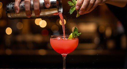 A bartender pours a vibrant cocktail into a stemmed glass, garnished with mint.