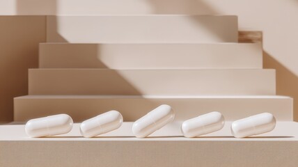 supplementary Minimalist Pharmaceutical Capsule Arrangement on Modern Staircase with Shadow Effects