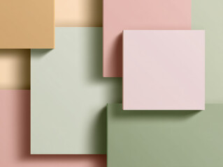 Overlapping pastel-colored square panels create a modern, minimalistic geometric pattern with soft shades of pink, green, peach, and beige.