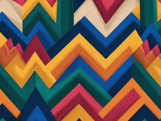 Colorful zigzag pattern with layered chevrons in blue, red, yellow, green, and beige creating a vibrant geometric abstract design.