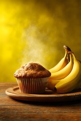 Freshly Baked Banana Muffin with Ripe Bananas on Rustic Wooden Plate