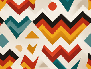 vibrant geometric pattern with zigzag and triangular shapes in warm colors like red, orange, yellow, teal, and black on a beige background.