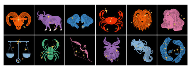 Collection of zodiac sign icons in a modern, magical style featuring all twelve horoscope symbols with clean, mystical astrological design