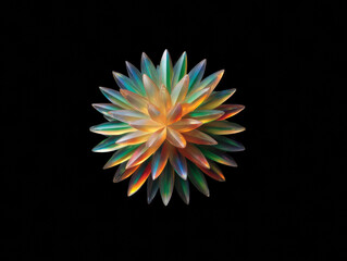 vibrant, multi-colored geometric star-like shape with iridescent petals glowing against a black background.