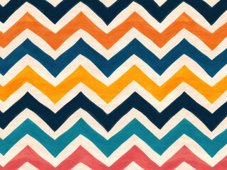 vibrant zigzag pattern with textured brush strokes in orange, yellow, teal, navy blue, and coral colors on a white background.