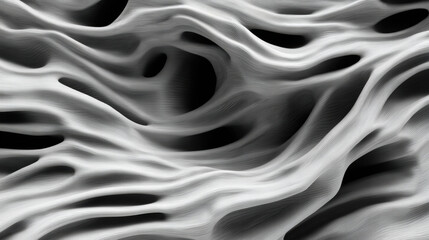 Abstract black and white image featuring flowing, wavy lines creating a textured, layered pattern with depth and contrast.