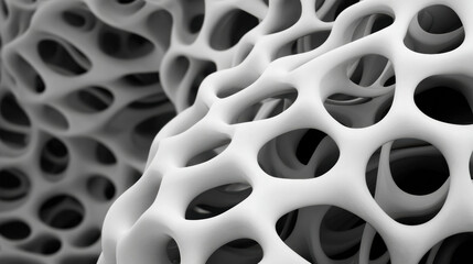 close-up abstract image of a porous, white, lattice-like structure with smooth, organic curves and holes creating a complex 3D texture.