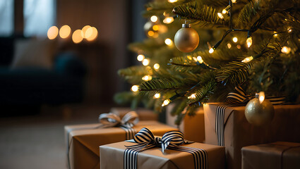 Warm, Festive Christmas Gifts Underneath a Decorated Tree with Lights