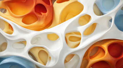 Abstract multicolored organic shapes with smooth curves and hollow spaces, resembling a porous structure or cellular network in warm and cool tones.