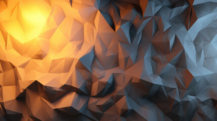 Abstract low-poly geometric design with warm orange and cool blue tones blending across sharp facets.
