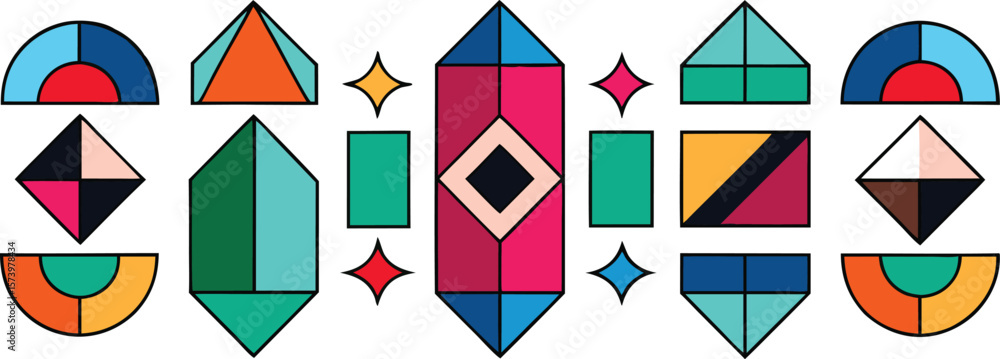 Poster vector art of a vibrant collection of colorful geometric shapes arranged in a symmetrical pattern.