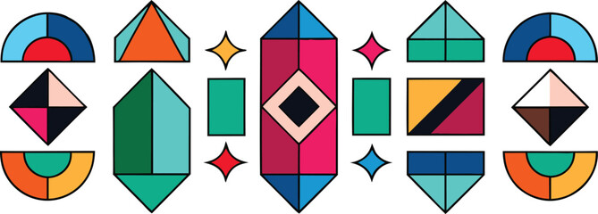Vector art of a vibrant collection of colorful geometric shapes arranged in a symmetrical pattern.