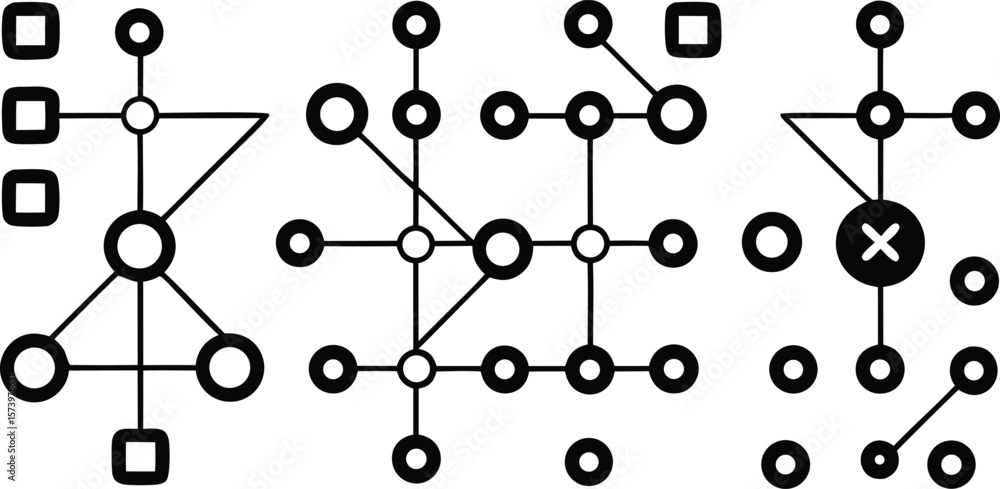 Poster vector art of abstract geometric network diagrams with circles, squares, and lines on a white backgr
