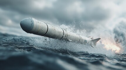3D illustration of cruise missile emerging from water in launch sequence. 