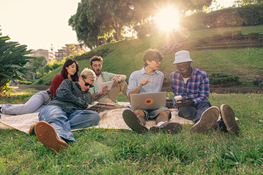 A diverse group of students collaborating on a laptop and tablet in a park. Concept of e-learning, teamwork, university campus life, and modern remote work for young professionals.