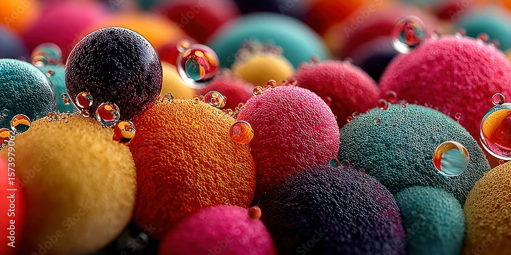 Poster colorful spheres with water droplets create a vibrant texture in an artistic display of various mate