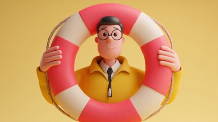 3D render of a man wearing a lifebuoy, symbolizing rescue, hope, survival, and emotional or physical support in times of crisis.