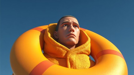3D render of a man wearing a lifebuoy, symbolizing rescue, hope, survival, and emotional or physical support in times of crisis.