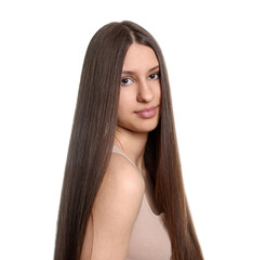 Portrait of beautiful teenage girl with healthy long hair on white background