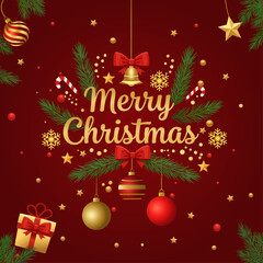 Elegant Merry Christmas Wishes with Ornaments – Festive Holiday Greeting Card Vector with Baubles, Branches, and Decorative Elements