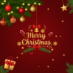 Elegant Merry Christmas Wishes with Ornaments – Festive Holiday Greeting Card Vector with Baubles, Branches, and Decorative Elements