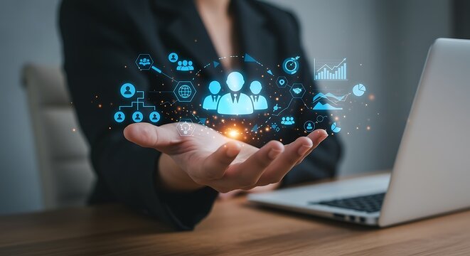 Executive displays digital transformation icons, showcasing modern leadership and innovative business strategies near a laptop.