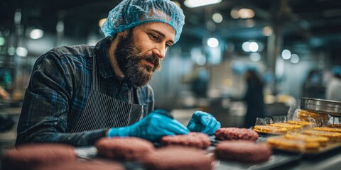 Worker inspecting ground beef patties on food processing line