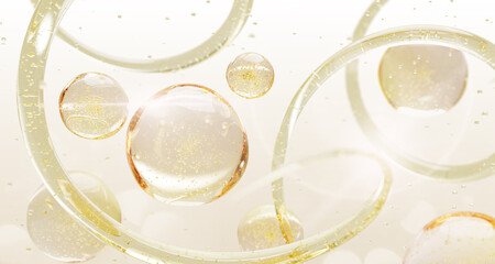 3d gold liquid cosmetic skin care background. Oil drops texture with bubbles, waves and splashes. Yellow transparent serum, collagen gel, hyaluronic acid or vitamin essence render. 3D illustration